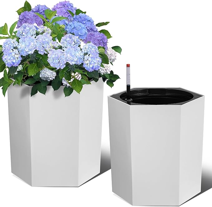Hexagon Flower Pot, Self-Watering Planter with Water Level Monitoring, Bottom Wheels and Water Outlet, Outdoor & Intdoor Planter Box for Garden, Patio, Balcony, Lounge, White
