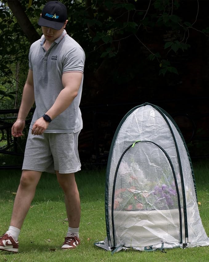 Pop up Greenhouse Tent Cover Tunnel Plant House,Large Gardening Flower Sunshine Room with Mesh Windows,Backyard PE Cover for Cold Frost Protector with Stakes and Rope Guys (Mini Size 29″)