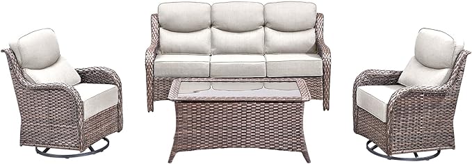 Luxury High Back Outdoor Furniture with 6-Inch Thick Cushions, Patio Furniture Set with Swivel Chairs, 4 PCS Wicker Conversation Set for Porch, Balcony, Deck and Yard