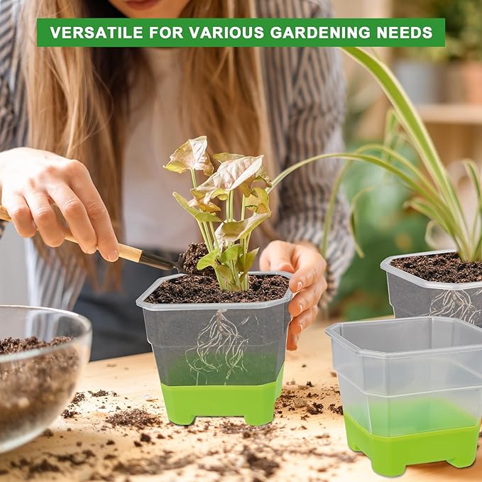 Aobiono 10 Packs 4 Inch Clear Nursery Pots with Reinforced Silicone Base for Easy Transplant, Reusable Seed Starter Seedling Small Plant Flower Pots with Drainage (Green, 10 Packs)