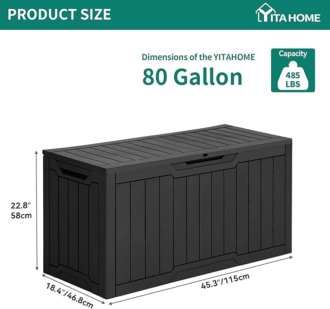 YITAHOME 80 Gallon Resin Deck Box, Outdoor Lockable Storage Box for Patio Furniture, Waterproof Patio Deck Box for Cushions, Pool Supplies, Sports Equipment and Garden Tools, Black