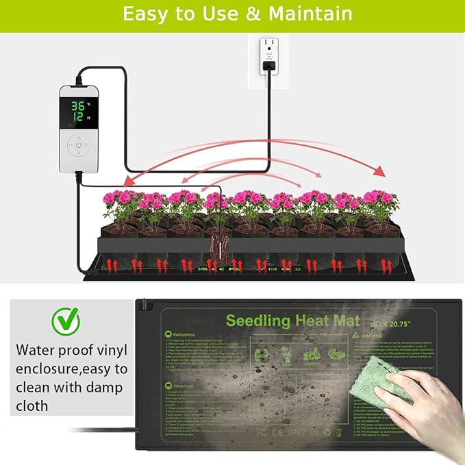 Seedling Heat Mat 10X20.75`` with Thermostat Temperature Controller Auto Off Timer Durable Waterproof Plant Heating Pad Warm Hydroponic Heating Mat for Seed Starting Germination Plant Propagation (1)