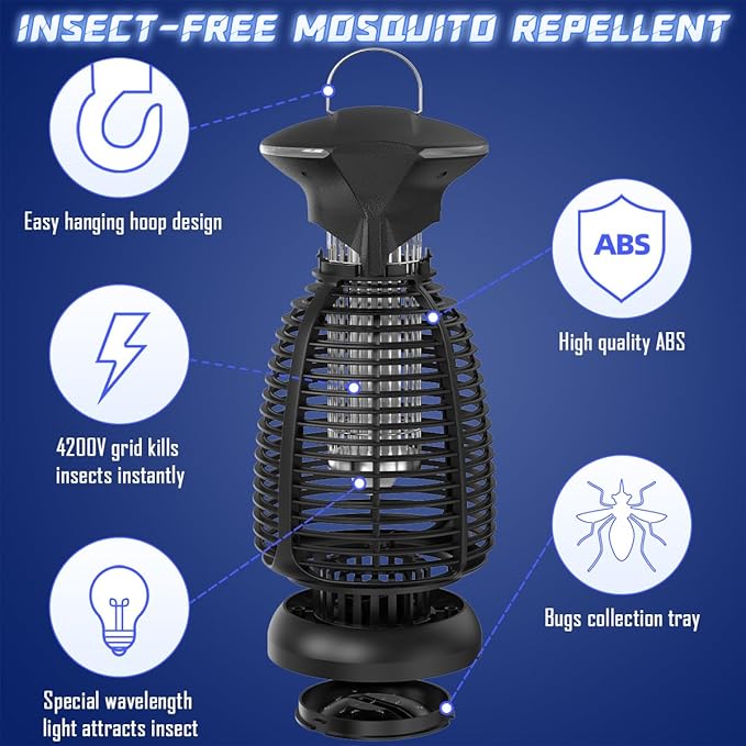 Bug Zapper Outdoor for Mosquito Flies - Waterproof Insect Killer Trap Lamp Electric 4200V Powerful Bug Zappers Indoor with LED Light for Patio Porch Garage Backyard & Home