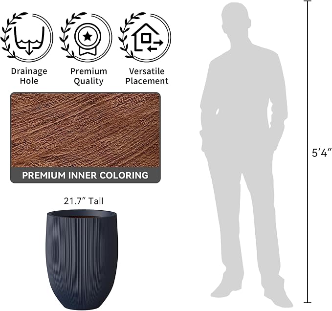 Kante Round Fluted Concrete Planter, 16.9-Inch Dia Barrel-Style Pot with Drainage Hole, Charcoal Finish with Warm Brown Interior, 13.7" Opening, for Indoor and Outdoor Use