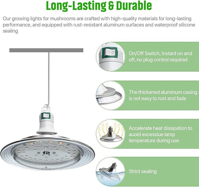 LED Growing Lights for Mushroom Kit, 360°Mushroom Grow Hanging Light with Dual Spectrum, 7.8 Ft Extension Cord & 48 White and Blue Bulbs LEDs, Good for Plant Health & Easy to Assemble