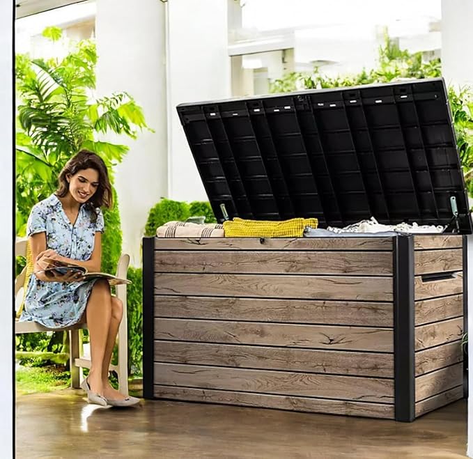 Outdoor Storage Box with Lockable Lid - Weather-Resistant and Stylish (Ash Wood Brown, 230)