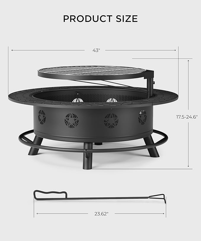 43 Inch Fire Pit with BBQ Grill, Wood Burning Fire Pits for Outside with Lid & Poker, Extra Large Heavy Duty Firepits, BBQ & Outdoor Firepit & Round Metal Table 3 in 1 for Bonfire, Patio, Picnic