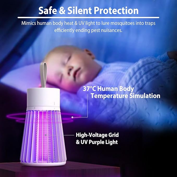 Mosquito Zapper, Hanging Rechargeable Bug Zapper Mosquito Killer Lamp - Portable UV Insect Trap for Indoor/Outdoor, USB-Powered with Grid for Camping, Bedroom, Patio, Kitchen