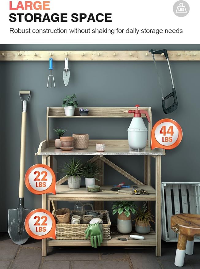 ARNOT Potting Bench, Enhanced 3-Shelf Potting Benches for Outdoors, Wooden Garden Potting Bench Tables W/Metal Tabletop & Cabinet Drawer, 3 Hooks