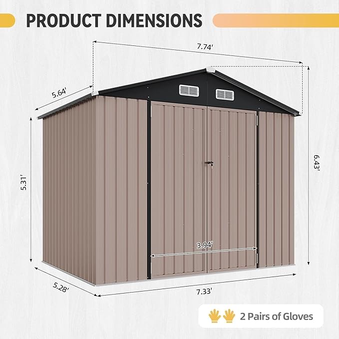 Aoxun 8' x 6' Storage Shed with Base Outdoor Steel Garden Utility Cabinet with Lockable Door Waterproof & Rust-Proof for Yard, Patio, Backyard (Brown, Base Included)