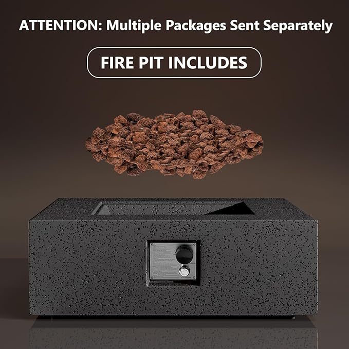 COSIEST Outdoor Propane Fire Pit Coffee Table w Square Faux Stone 35-inch Base, 50,000 BTU Stainless Steel Burner, Free Lava Rocks and Rain Cover, Gray