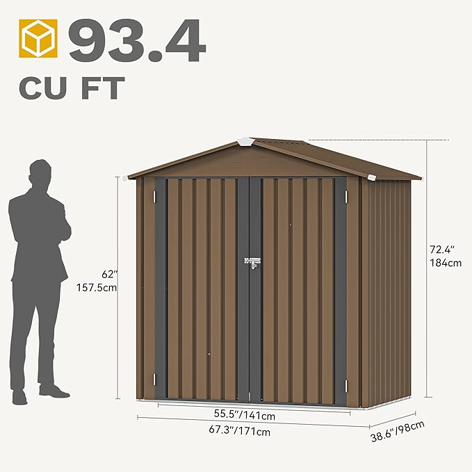 DWVO 6x4ft Metal Outdoor Storage Shed, Waterproof Tool Shed Heavy-Duty Storage Unit with Lockable Door and Vents, Ideal for Bicycles, Tools, Lawnmowers, Backyards, Patios, Lawns - Brown