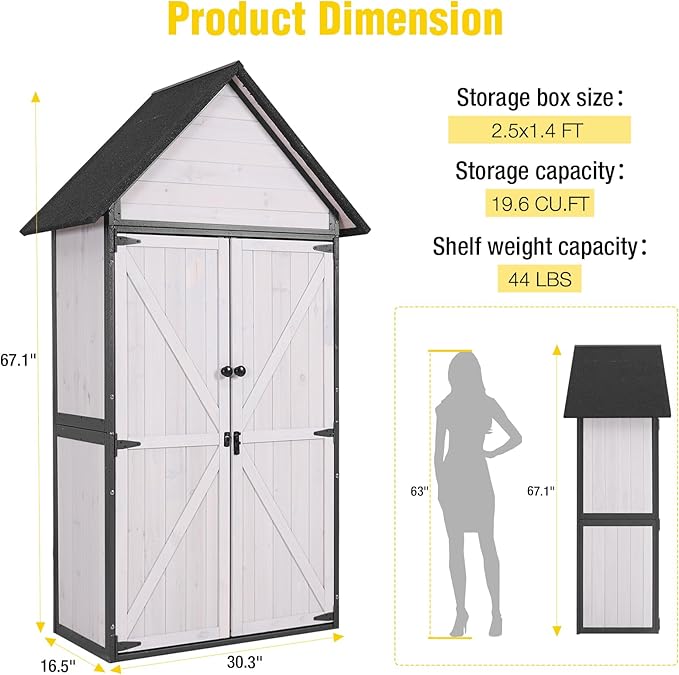 Outdoor Storage Shed,Vertical Wooden Tool Shed with Waterproof Roof,Adjustable 3 Tiers Shelves,Storage Tool Cabinet Box with Metal Frame Sloped Roof for Backyard Garden Patio Lawn (Off White)