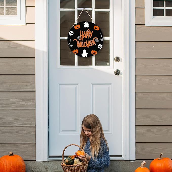 Halloween Decorations, Happy Halloween Wooden Ghost Hanging Sign for Front Door Hanger Wreath Decor, Wreath Cute Ghost Pumpkin Bat Front Door Decorations Hanging Sign, Indoor Outdoor Yard Wall Party
