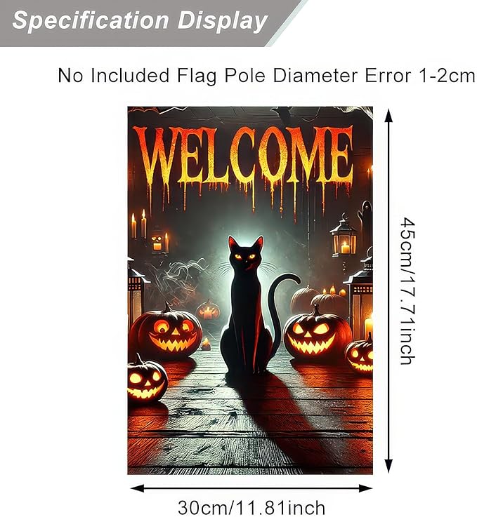 Garden Flags 12x18 Inch Halloween Black Cat Welcome Banner Pumpkin Lantern Spooky Night Yard Decoration for Porch Outdoor Lawn Garden Party Fall Decor Sign