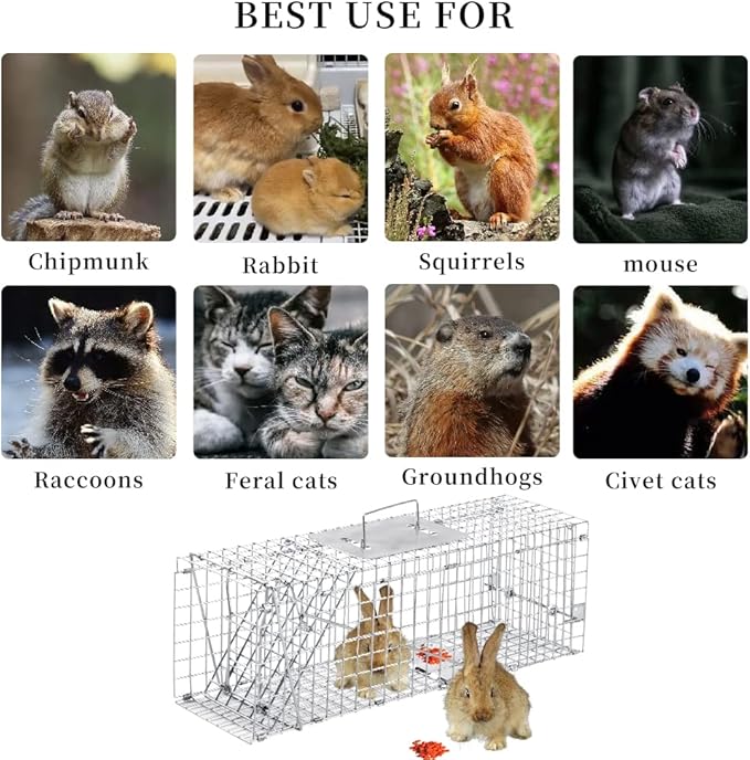 Animal Traps,Live Animal Trap for Cats,Rabbits, Squirrels,cat Trap for Stray Cats, Live Traps for Raccoons, Stainless Steel Foldable with Pedal Triggers (32 x 11 x 12.6 inches)