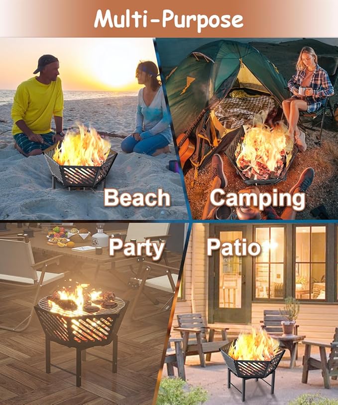 22.5 Inch Portable Plug Fire Pit for Camping, Heightened Detachable Outdoor Wood Burning Firepits for Outside Patio Heating, Picnic, Bonfire and BBQ with Travel Bag, Diagonal Hollow Style