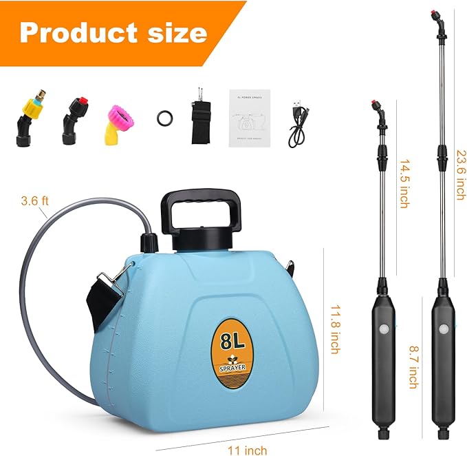 Battery Backpack Sprayer 2.1 Gallon, Rechargeable Sprayer with 3 Adjustable Nozzles, 1.5-3H Runtime, Adjustable Wand Leak-Proof & Chemical-Resistant Tank for Lawn, Garden & Farm Use (Blue)
