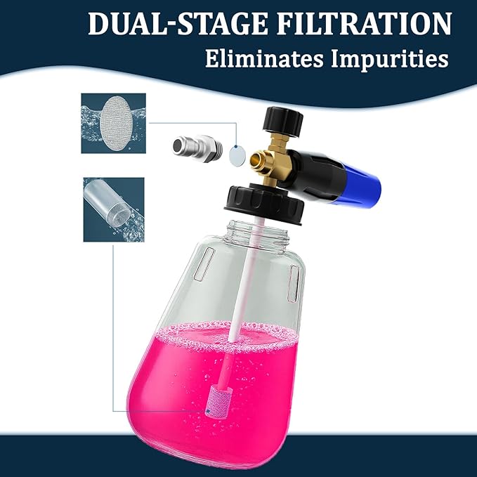 Foam Cannon for Pressure Washer, 1.1mm Orifice, 1000-4000 PSI, 1/4 Inch Quick Connector, Wide Neck and Adjustable Spray, Heavy Duty Car Snow Foam Blaster for Superior Foaming & Deep Clean, Blue