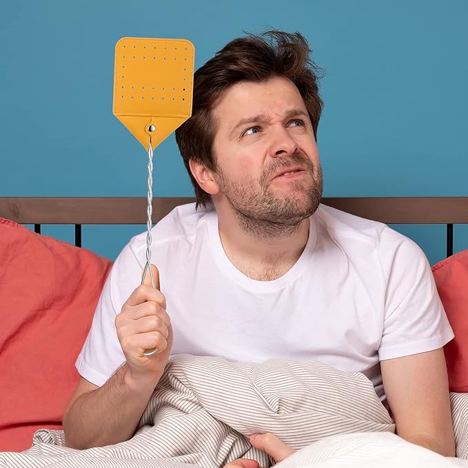 Zopeal 4 Pcs Sturdy Leather Fly Swatter 17 Inch Long Handle Manual Swat Heavy Duty Metal Handle Flyswatter Rustic Fly Swatter for Indoor Outdoor(Orange, Green, Yellow, Purple)