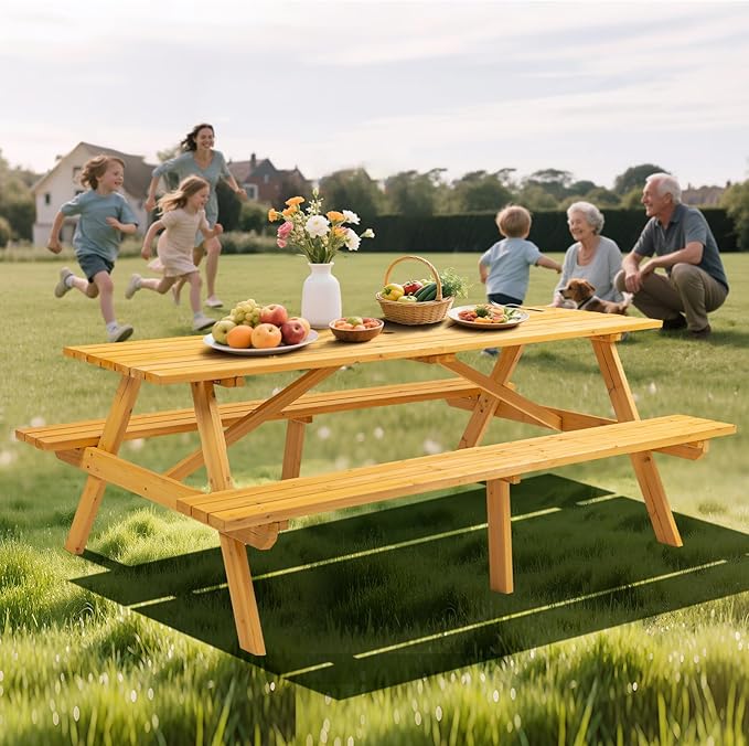 8-Person Wooden Picnic Table with 2 Built-In Benches, 75"L x 50"W Outdoor Dining Table, 2220lb Capacity Includes Umbrella Hole & Weather-Resistant Finish, Perfect for Backyard, Camping, Yellow