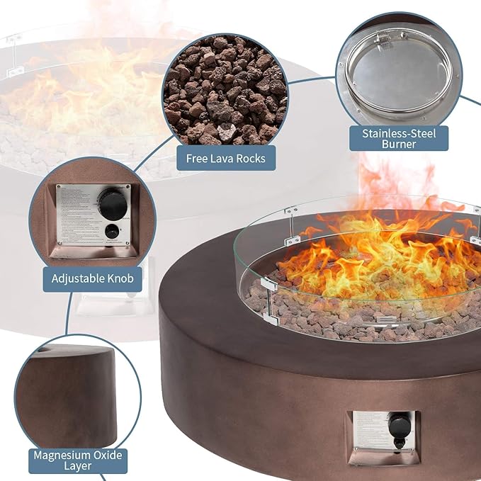 SUNBURY 42Inch Outdoor Propane Fire Pit,CSA Certified,Round Dark Brown Patio Fire Table Concrete Burner Firepits 50,000 BTU w Lava Rocks, Glass Wind Guard, Waterproof Cover