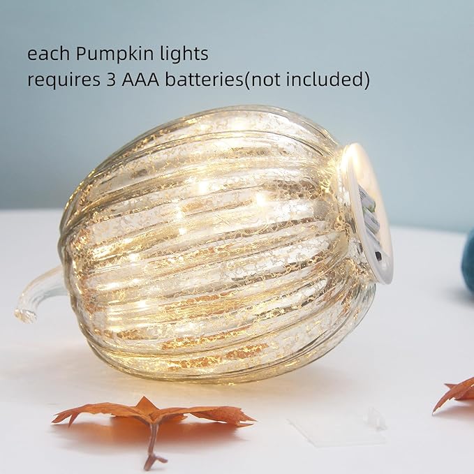 Mercury Glass Pumpkin Lights with Timer, Battery Operated Led Pumpkin Lights for Halloween Fall,Thanksgiving Rustic Decor (Silver Common, 8")