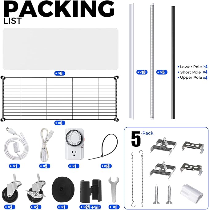 Barrina Plant Stand with Grow Lights, 3FT T8 Full Spectrum 150W Yellow LED Plant Lights 5 Packs, Indoor Plant Shelf for Multiple Plants with On/Off Timer Socket, 6-Tier 35.4"x13.8"x70.9"