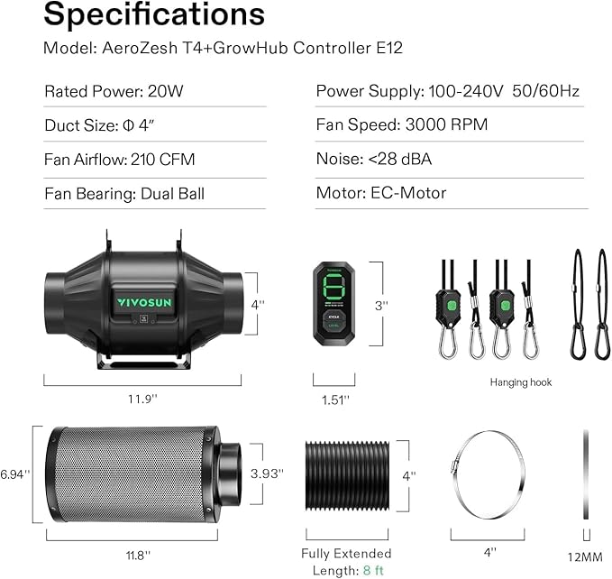 VIVOSUN Smart Air Filtration T4 Kit 4", AeroZesh T4 Inline Duct Fan with E12 Speed Controller, Carbon Filter & 8' Ducting, Cooling & Ventilation System for Grow Tents, Indoor Gardening, Hydroponics