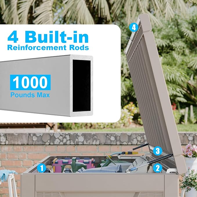 260 Gallon Large Deck Box,Resin Outdoor Storage Box with Lockable for Patio Furniture, Pool Accessories, Garden Tools Waterproof Outside Storage Box, Grey Pattern