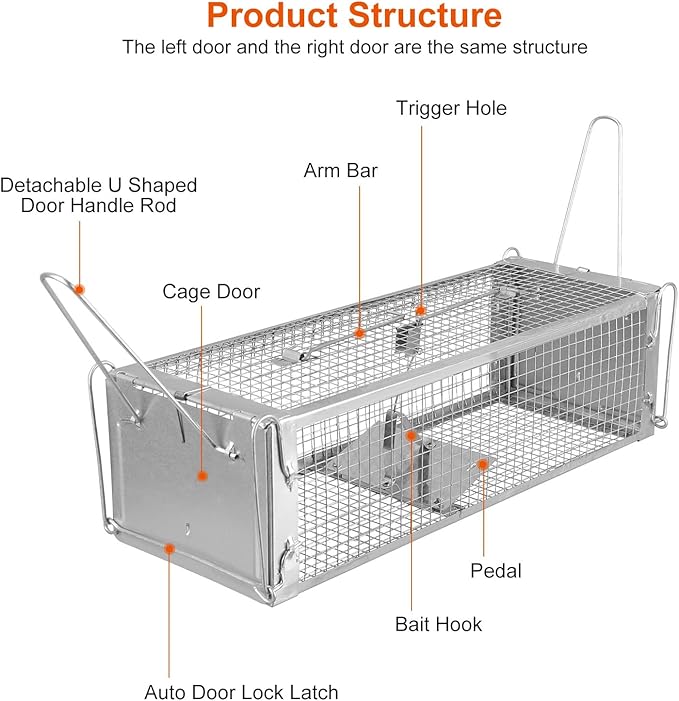 Humane Rat Trap, Dual Door Metal Mouse Cage Traps and Other Small Live Animals Cage, Mouse Trap with 2 Detachable U Shaped Rod, Easy to Catch and Release, Work for Indoor Outdoor
