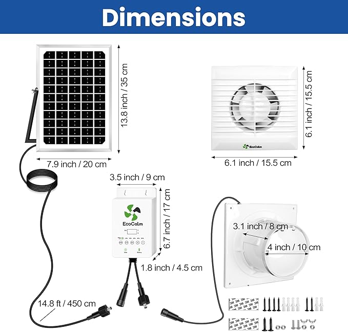 Solar Fan for Chicken Coop with Battery and Adjustable Thermostat, Solar Powered Fan with 12W Bifacial Solar Panel & 4" Exhaust Fan Accessories with Anti-backflow Valve