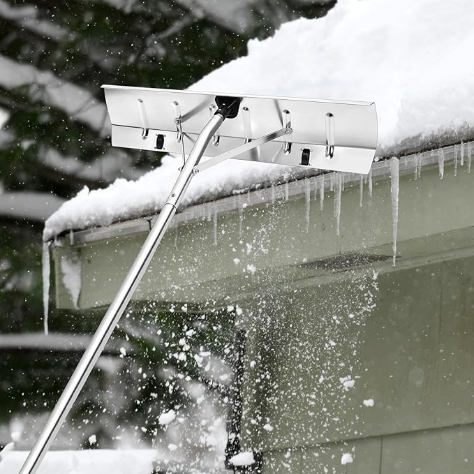 Gisafai Snow Roof Rake Snow Removal Tool with 5 Section Tubes 25 Inch Blade Adjustable 4.8-20 ft Reach Aluminum Shovel Rugged Slide for Single Cabins Car Roof (Silver)