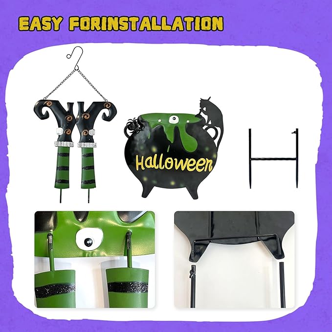 HONGLAND Halloween Decorations Witch Cauldron Garden Stake, Witch Feet Cauldron Eyeball Black Cat Halloween Decor for Outdoor Porch- 31 Inch