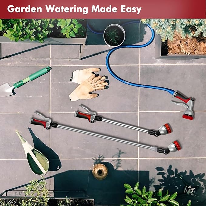 RESTMO Metal Watering Wand, 36”-60” Long Telescopic Tube | 180° Adjustable Ratcheting Head | 7 Spray Patterns | Flow Control, Perfect Garden Hose Sprayer to Water Hanging Baskets, Shrubs, Red