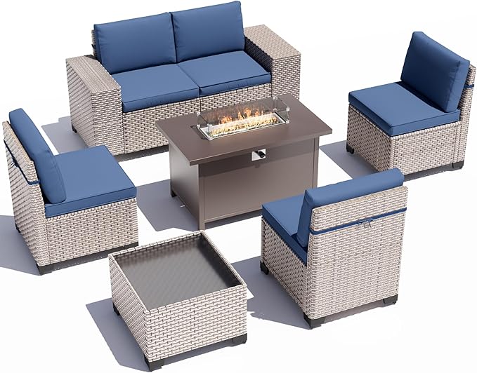 7 Pieces Patio Furniture Set with Propane Fire Pit Table, Outdoor Sectional Wicker Sofa with Cushions and Coffee Table, High Back Rattan Patio Conversation Sets, Navy