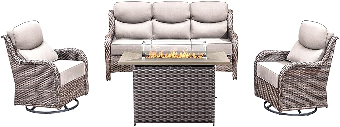 Luxury High Back Outdoor Furniture 6-Inch Thick Cushions with 50,000 BTU Gas Propane Fire Pit Tablet, Patio Furniture Set with Swivel Chairs, for Porch, Balcony, Deck and Yard