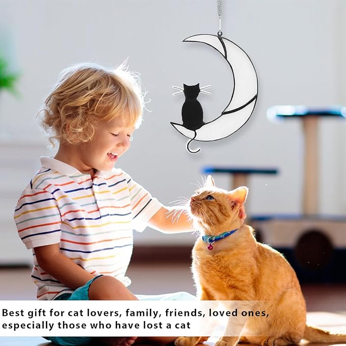 Black Cat Decor on White Moon Acrylic Sun Catcher Stained Window Hanging Ornament Halloween Decorations Cat Suncatcher for Women Pet Memorial Gifts Lovers Loss Sympathy Gifts Home Garden Panels