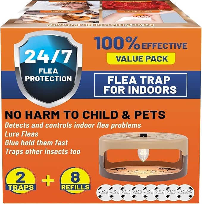 2 Pack Flea Traps for Inside Your Home, Indoor Flea Light, Bed Bug Killer with 8 Sticky Pads & 4 Light Bulb, Odorless Natural Insect Infestation Treatment Trap for Kid Pet