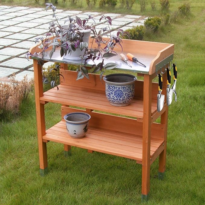 S AFSTAR Potting Bench, Work Station with Fir Wood Construction & Metal Tabletop, Garden Planting Table w/Open Shelves and Hanging Hooks, Gardening Table Potting Table for Outside Backyard Balcony