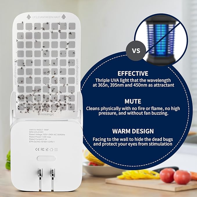 Mosalogic Fly Insect Trap Plug-in Mosquito Killer Indoor Gnat Moth Catcher Fly Tapper with Night Light UV Attractant Catcher for Home Office White-2pack