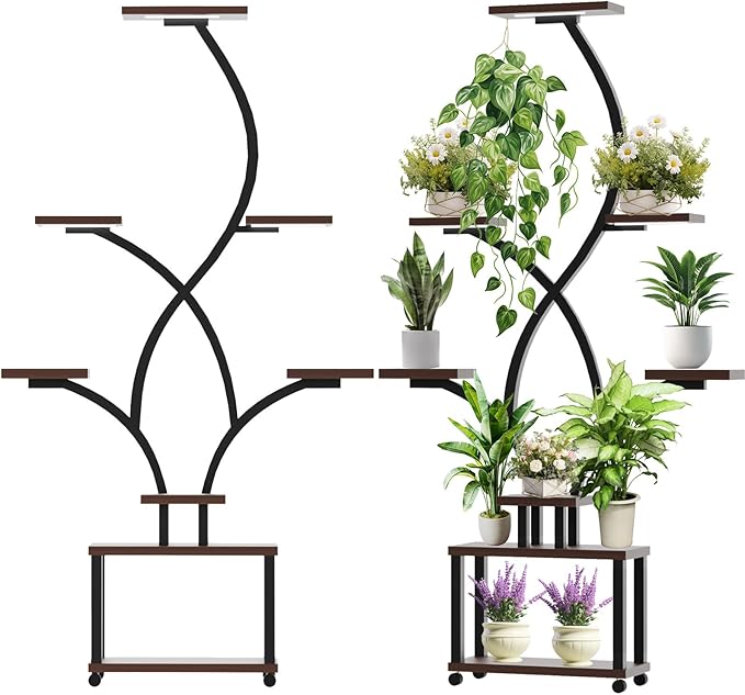 Indoor Plant Stand with Grow Lights ,Stylish S-Shaped Metal Rack for Multiple Indoor Plants ,8-Tiered Tall Plant Shelf for Home and Patio ,Perfect for Plant Lovers