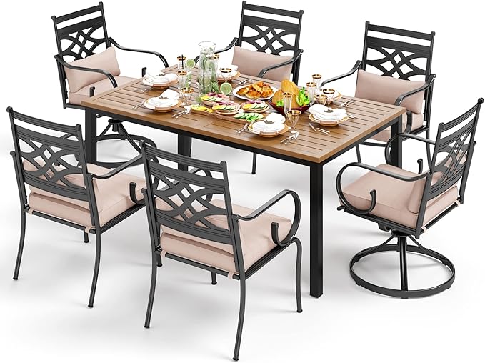 PHI VILLA 7 Pcs Patio Dining Set,Outdoor Table Chair Set for 6 with Outdoor Chairs and Metal Frame Steel Rectangular Table,Outdoor Dining Furniture with Cushion and Pillow for Garden Lawn Deck