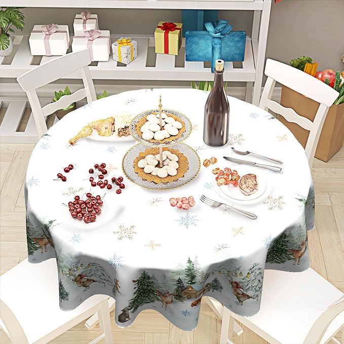 Giwawa Winter Christmas Round Tablecloth 60 Inch,Xmas Snowland Forest Deer Pine Tree Reusable Washable Fabric Tabletop Cover for Holiday Party Wedding Picnic Home Outdoor Decor