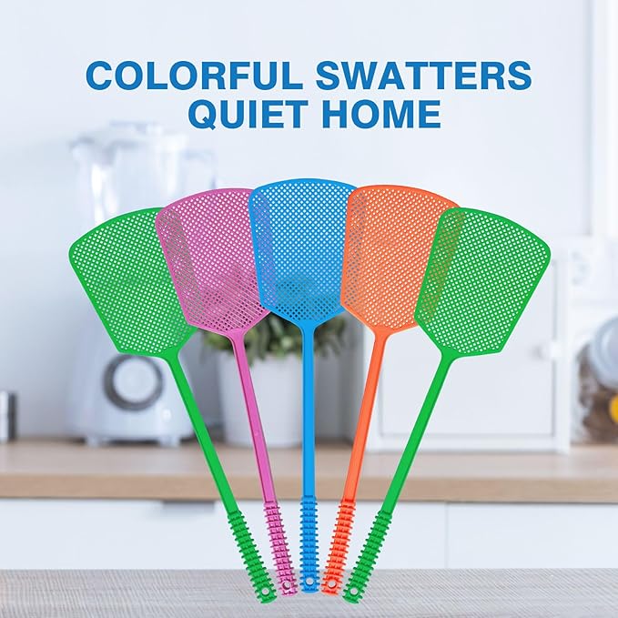 Wapodeai 5 Pack Fly Swatter, Plastic Heavy Duty Manual Fly Killer, Long Handle Flyswatter, Large Bug Swatters, Work for Indoor and Outdoor, Blue Green Pink Orange