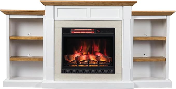 Country Living Belhaven 74 Inch Bookcase Mantel Package | 23 Inch Electric Fireplace Insert Heater with Remote | Warm Walnut Shelving | Marble or White Trim | Multi-Color Flames