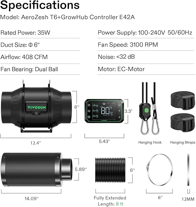 VIVOSUN Smart Air Filtration PRO T6 Kit 6", AeroZesh T6 Inline Duct Fan w/GrowHub E42A Temp. Humidity WiFi-Controller, Carbon Filter & Ducting, Cooling & Ventilation System for Grow Tent, Hydroponics