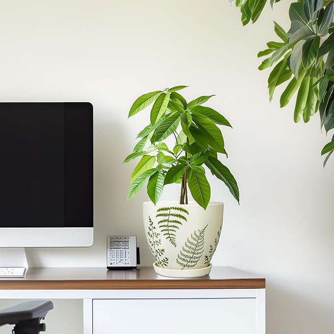 Ceramic Pot for Plants - 6.8 Inch Plant Pot Indoor with Drainage Hole and Saucer, Boho Round Planter for Indoor Outdoor Flowers, Gardening Gifts for Women Men, Garden Home Office Decor, White