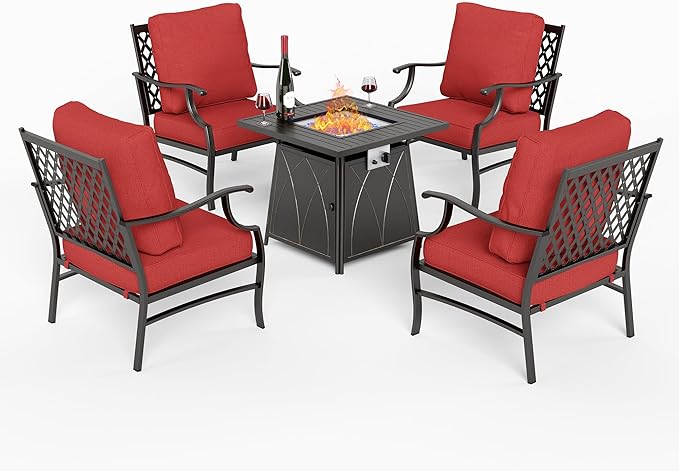 5 Piece Metal Outdoor Patio Furniture Set with Fire Pit Table, Patio Conversation Sets 4 Fixed Chairs with 5.75" Thick Cushion and 5000 BTU Fire Pit Table, Backyard Furniture, Red