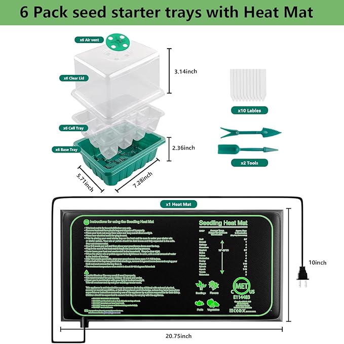 6-Pack Seed Starter Trays with 10"x20.75" Seedling Heat Mat for Indoor Home Gardening Seed Starting, 72-Cell Seed Starter Kit with Humidity Dome(12 Cells per Tray), MET Certified
